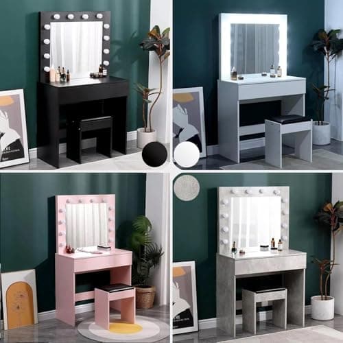 Image of AVC Designs Dressing Table With 1 Large Drawer & Stool Vanity Makeup Table with Hollywood LED Lights (Grey)