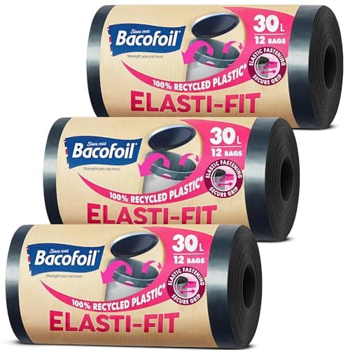 Image of Bacofoil Elasti-Fit Bin Liners with Drawstring Handles 30L - Leak-Proof Bin Bag with Elastic Fastening for a Secure Fit (3 Rolls, 36 Bags)…