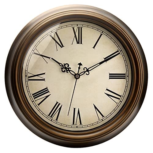 Image of Plumeet Metal Wall Clock, 13'' Non Ticking Classic Silent Iron Wall Clocks Decorative Kitchen Living Room Bedroom, Roman Numerals, Battery Operated, Brown
