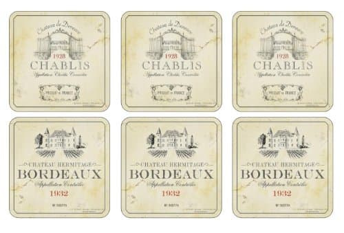 Image of Pimpernel Set of 6 Coasters - Cork-Backed Drink Coasters with Heat Resistance and Stain Protection, Vin de France Design, Perfect for Tea, Coffee, and Everyday Use. 10.5 x 10.5cm