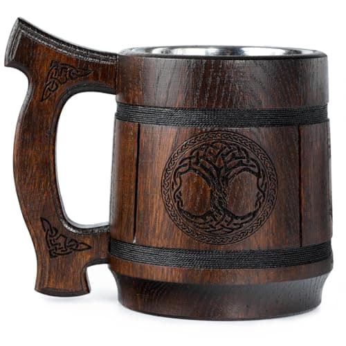 Image of Teslyar Viking Beer Mug Tankard – Handmade Oak Wood & Stainless Steel Cup, 600 ml Viking Mug, Wooden Beer Stein, Medieval Style Drinkware, Men’s Gift, Father’s Day or Birthday (Tree of Life)