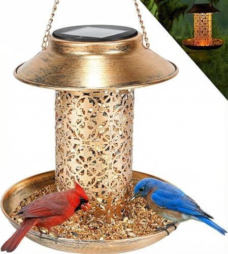 Image of MLEPXBO Solar Bird Feeder, Durable Metal Outdoor Bird Feeders Hanging Station, Wild Bird Feeder with Solar LED Light, Squirrel Proof Bird Feeder for Balcony Garden Decoration