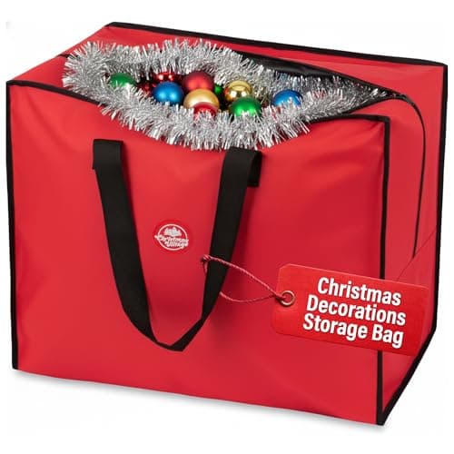 Image of Christmas Village Premium Christmas Decoration Storage Bag - Durable Christmas Storage Bag with Double Zipped & Handles for Wreath, Baubles, Lights, Tinsel (Red, Decoration Storage)