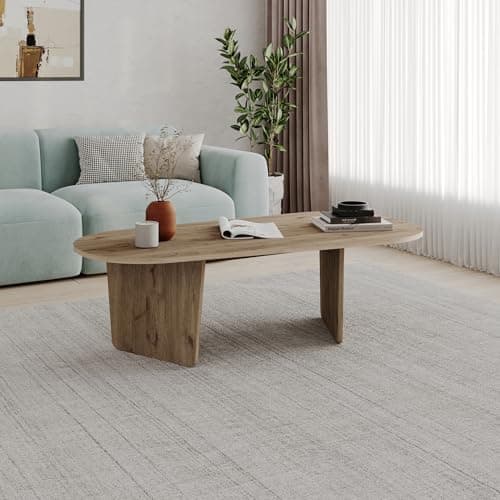 Image of HOCUS PICUS Large Oval Coffee Table, 130cm Modern Scandi Centre Table for Living Room, Minimalist 18mm Particleboard Furniture, Natural Oak