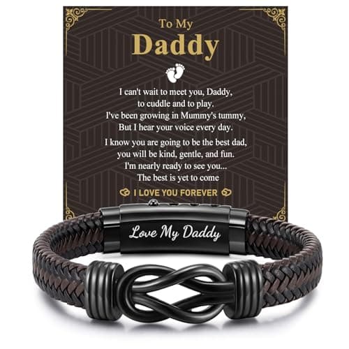 Image of FLHEART Daddy Gifts Mens Bracelets - Brown Braided Leather Infinity Knot Bracelet Engraved Love Message for Bump Dad New Dad, Daddy To Be Gifts For Father's Day Birthday Christmas