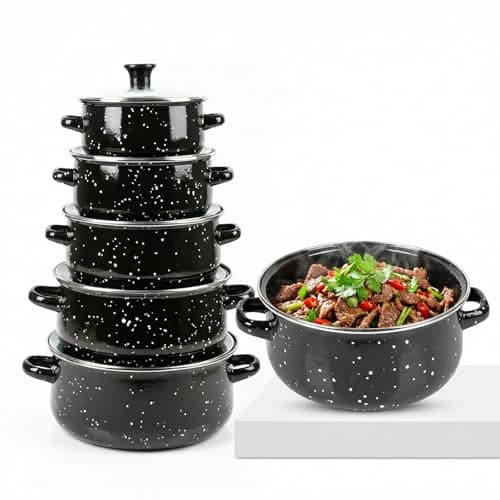 Image of 5-Piece Enamel Stock Pot Set, Black Kitchen Cookware with Glass Lid, 16/18/20/22/24cm (1.1L-4L), Induction Compatible, Even Heating Saucepan Set for Gas, Ceramic, Electric & Halogen Hobs