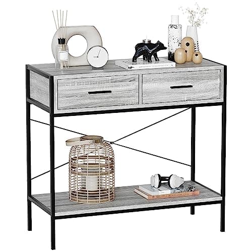 Image of Vida Designs Brooklyn Console Table Hallway Living Room Rustic Shelf Industrial Storage Furniture (Grey, 2 Drawer)