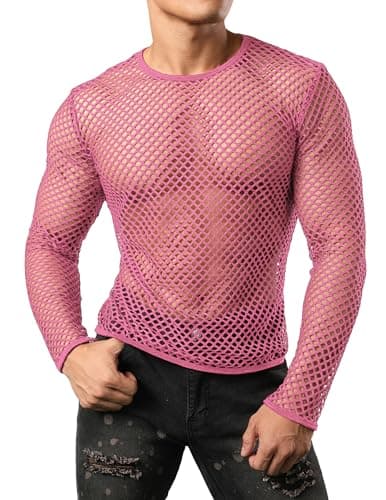 Image of JOGAL Men's Long Sleeve Mesh Fishnet Fitted Muscle Top Pink XX-Large