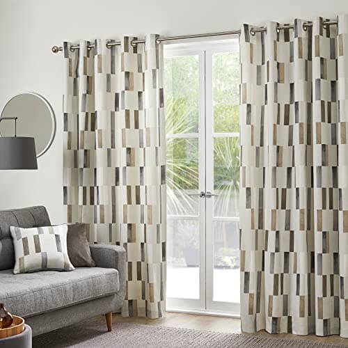 Image of Fusion Natural Geometric Tile Cotton Curtains – W46 x L54 (117x137cm) – 2 Panels – Eyelet Drapes with Vertical Rectangle Print – Sound-Reducing Curtains for Bedroom or Living Room – Modern Style