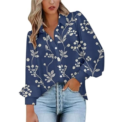 Image of Blouses for Women Puff Long Sleeve V Neck Collared Button Down Shirt Ladies Vintage Floral Print Fashion Tops(Dark Blue, S)