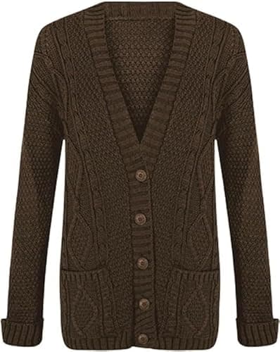 Image of OutfitsbySMILE Women's Ladies Long Sleeve Button Top Chunky Aran Cable Knitted Grandad Cardigan Brown UK Size 12/14