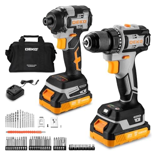 Image of DEKOPRO 20V Cordless Drill and Impact Driver Set – 2x2.0Ah Batteries, 2.2A Rapid Charger, 42-Piece Screwdriver Bits, 9-Piece Sockets, Storage Bag, Yellow-Grey