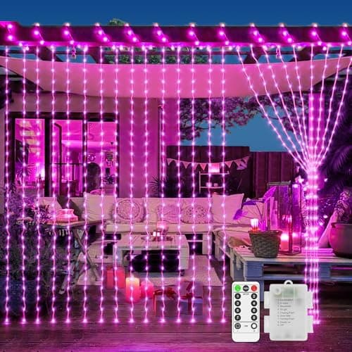 Image of Curtain Fairy Lights Battery Operated, 2m x 2m 200 LED Pink Lights for Mothers Day Decorations Outdoor Waterproof Window Lights with Remote 8 Modes Timer for Indoor Room Garden Patio Party Wedding