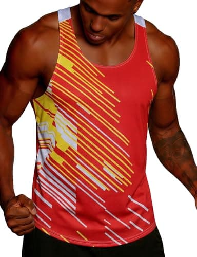 Image of frueo 1 Pack Active Athletic Gym Vest Men Moisture Wicking Running Muscle Tank Top Breathable Y-Back Shirts Training Bodybuilding Sleeveless Shirts(5110)-OrangeYellow-L