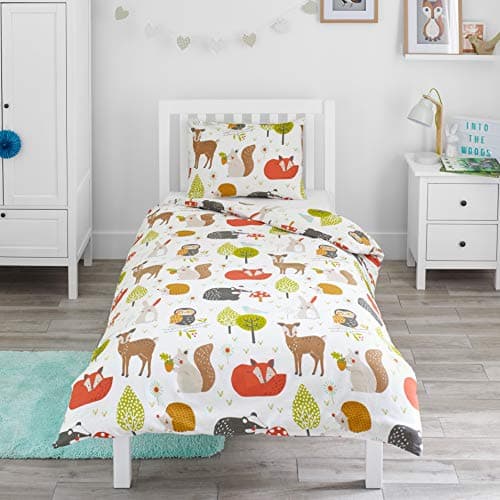 Image of Bloomsbury Mill - Kids Single Duvet Cover Set - Childrens Single Bedding for Boys and Girls - Woodland Animals Single Bed Duvet Cover Set with Pillow Case - 135x200cm