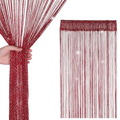 Image of WedDecor Burgundy String Curtains Glitter Fringe Panel Fly Screen Room Divider Tassel Curtain for Doors, Doorway, Windows, Home Décor, Event Decoration, (90cm x 200cm)