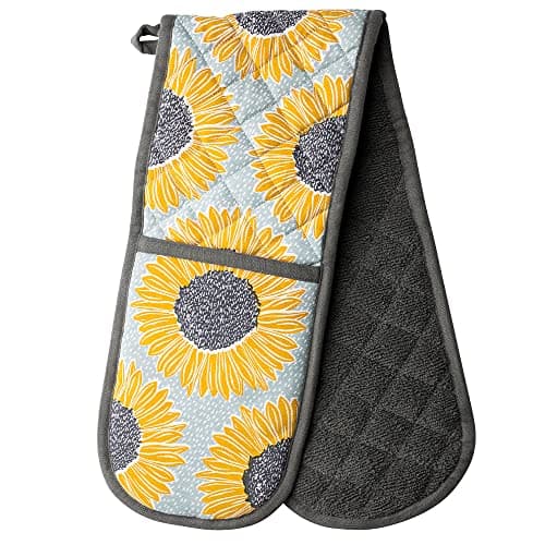 Image of English Tableware Company Artisan Flower Double Oven Gloves, 100% Cotton, Sunflower Design