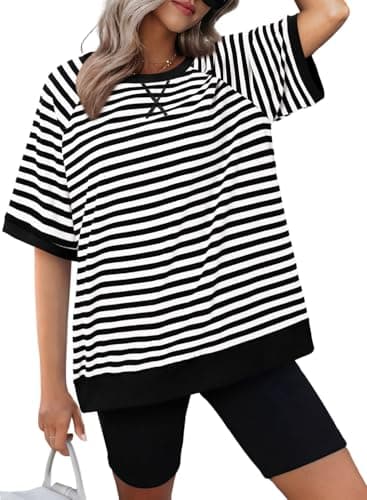 Image of KISSMODA Womens Oversized T Shirts Striped Color Block Summer Tops Crew Neck Short Sleeve Blouses Loose Casual Clothes B Black