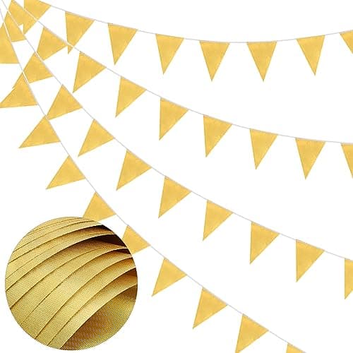 Image of Gold Fabric Bunting, 66 Feet Banners with 52 Waterproof Reusable Triangle Flags for Mother's Day, Birthday, Wedding, Home, Outdoor Party Decoration