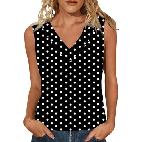 Image of Polka Dot Tank Tops for Women UK, Casual V Neck Sleeveless Vest Summer T-Shirt Office Work Blouses Cotton Pullover Slim-Fit Vests Going Out Y2K Trendy Clothes Black