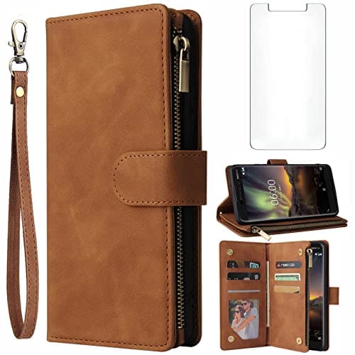 Image of Asuwish Compatible with Nokia 6.1 2018 Wallet Case Tempered Glass Screen Protector and Leather Flip Cover Card Holder Stand Cell Accessories Magnetic Phone Cases for Nokia6.1 TA-1045 Women Men Brown
