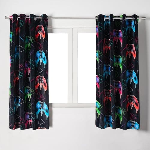 Image of OHS 2 Panels Velvet Curtains Blackout, Gaming Print Glow In The Dark Kids Curtain Thermal Insulated Window Treatment Eyelet Curtains for Boys Bedroom Playroom 66" x 54", Multi