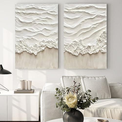 Image of Fchen art Hand Painted Textured Beach Waves Painting Canvas Set of 2pcs Coastal Oil Painting Ocean Waves Canvas Wall Art Wave Decor Coastal Picture Framed Artwork for Bathroom Living Room 24"x36"