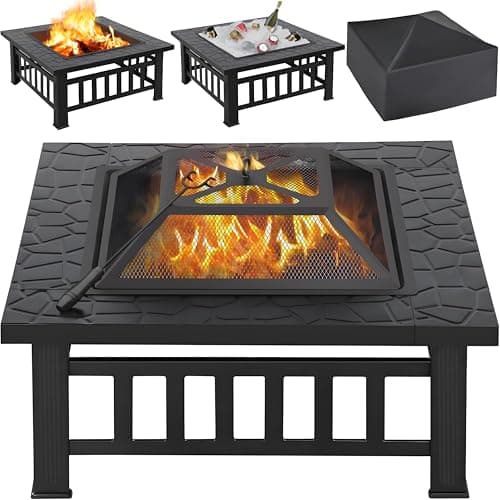 Image of Yaheetech Outdoor Fire Pit 81cm Square Fire pits 3-in-1 Heat-resistant Metal Garden Stove for Barbecue, Heating, Cooling Drinks with Cover & Poker, Black