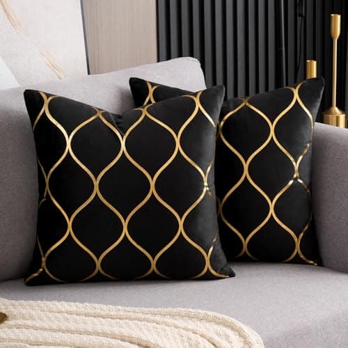 Image of Arwllzz Pack of 2 Black Square Cushion Covers 50x50cm Velvet Decorative Throw Pillow Cover with Hidden Zipper Pillow Case Golden Lines Geometry for Sofa Bed Home Patio Autumn Decor