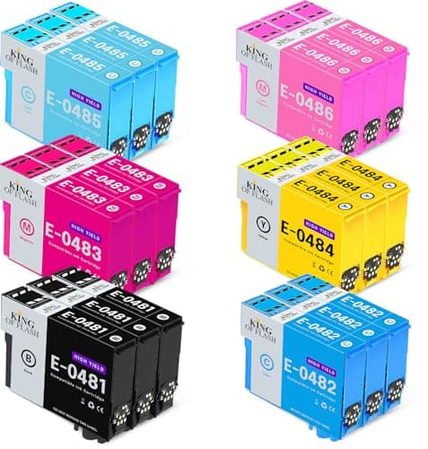 Image of KING OF FLASH 3 Full Sets Compatible Printer Ink Cartridges For Epson T0487-3 x Cyan, 3 x Magenta, 3 x Yellow, 3 x Black, 3 x Light Cyan, 3 x Light Magenta R200,R220,R300,R300M,R320,R340