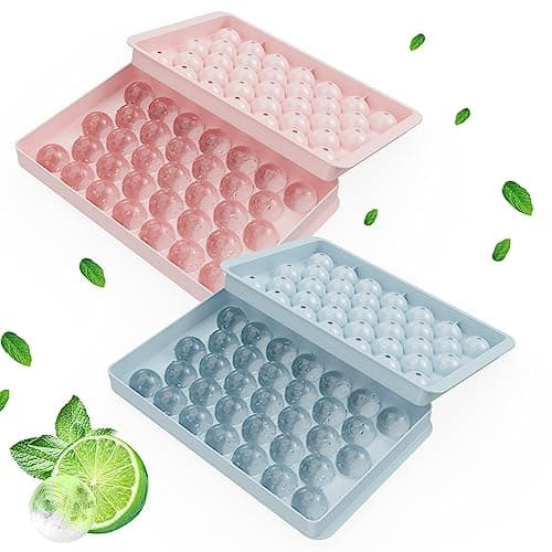 Image of Round Ice Cube Tray with Lid, 66 Ice Ball Molds for Freezer, Easy to Remove Sphere Ice Making Mold for Water Whiskey Cocktail Tea Coffee (Blue+Pink)