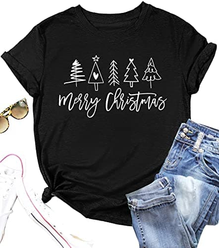 Image of Christmas T Shirts Women Merry Christmas Tree Tee Shirt Gifts Tops Black