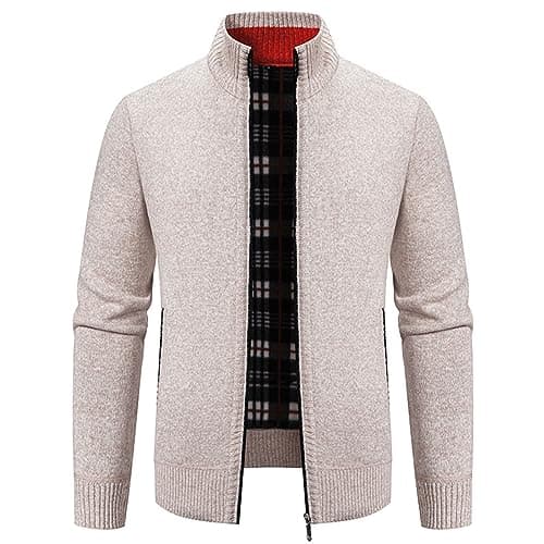 Image of Beokeuioe Men's Cardigan with Zip Knitted Jumper Winter Cardigan Winter Jacket Lined Fleece Jacket Without Hood Winter Coat Stand-Up Collar, B Beige, M