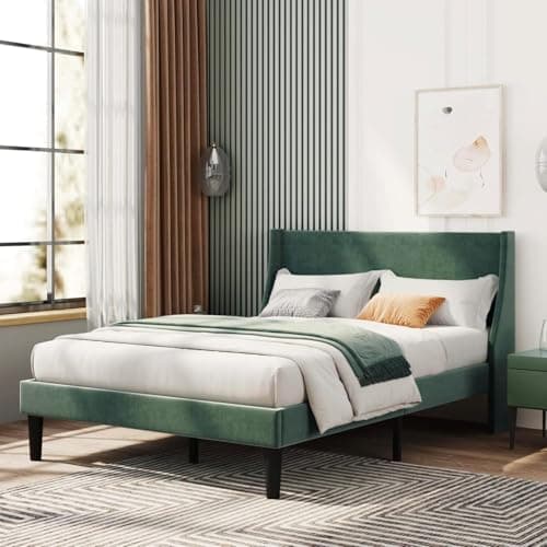 Image of BTM Double Bed Frame, Upholstered Double Bed with Winged Headboard and Wood Slat Support, Green Velvet Winged Bed, 4FT6-135x190cm(No Mattress)