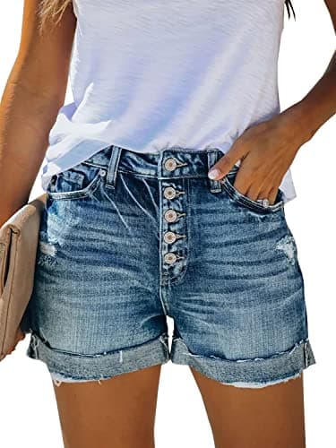 Image of KISSMODA Women's High Waisted Denim Shorts, Blue, Size 12-14, Casual Fashion Pants