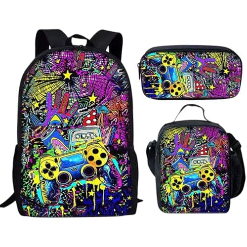 Image of 3 Pcs Gaming Backpack Set with Pencil Case and Crossbody Lunch Bag, Reusable Gamer Daypack, Cool School Book Bag for Kids Teens Students, Large Capacity Rucksack Video Game Stationery Supplies