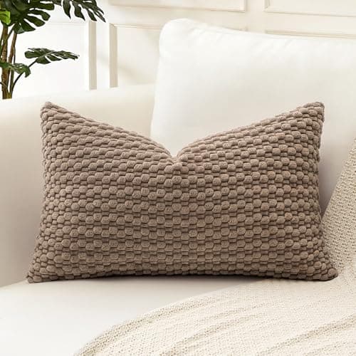 Image of Artscope Pom Poms Decorative Corduroy Cushion Cover 30x50cm Super Soft Boho Striped Lumbar Pillow Covers Case Geometric for Sofa Couch Bedroom Car Decor Set of 1, Brown
