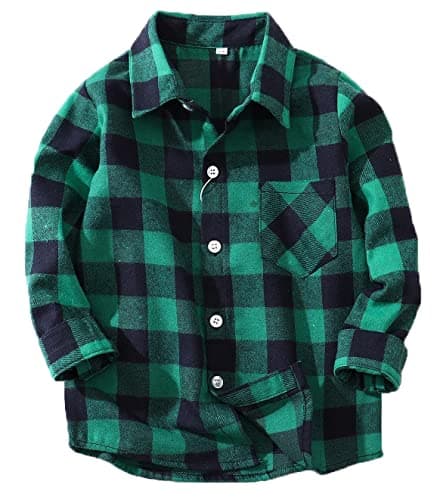 Image of Coralup Boys Girls Cotton Long Sleeve Casual Plaid Flannel Shirt Kids Checked Button Down Shirts Green 8-9Years