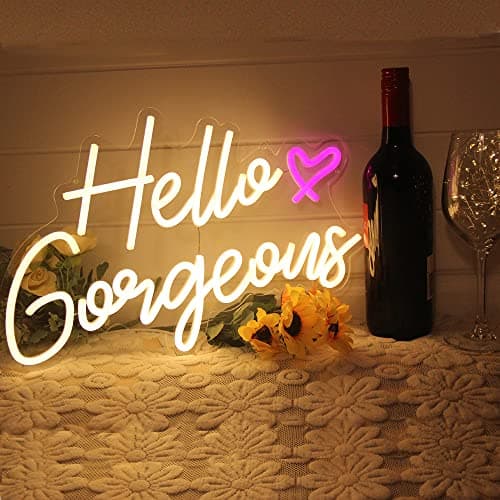 Image of Hello Gorgeous Neon Sign Hello Beautiful Warm White LED Neon Lights for Home Wedding Birthday Backdrop Bacelorette Party Wth Dimmable Switch(5V,16.5X10.6inches)