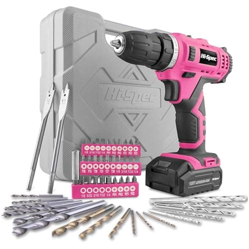 Image of Hi-Spec Electric Drill Driver 12V with Screwdriver and Drill Bit Set Pink 50 Pc. Cordless Drill in a Carry Case with Rechargeable Battery, Power Screwdriver Bits, Wood, Metal, and Masonry Accessories