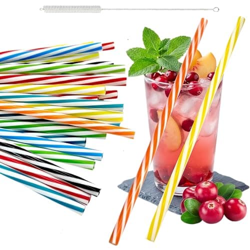 Image of 50pcs Reusable Plastic Straws, Candy-Striped Drinking Straw with Cleaning Brush, Colorful Striped Drinking Straw for Smoothies Juice Cocktail Family Bars Restaurants BBQ Parties Celebrations