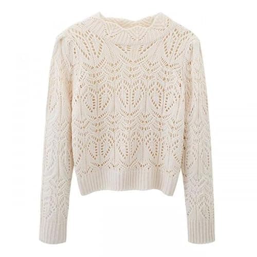 Image of DSAoTeng Women Crew Neck Hollow Flower Long Sleeved Cashmere Sweater-Casual Loose Soft Solid Color Knit Pullover Tops for Office Winter Wear (Off White,S)