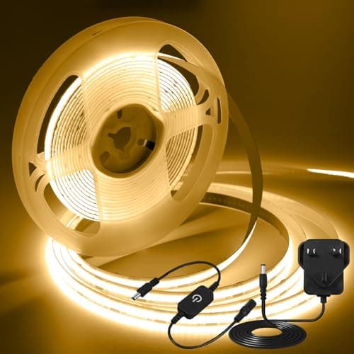 Image of iNextStation 12V COB LED Strip Light 5M, Warm White 3000K Cuttable Tape Lights with Plug, CRI93+ Dotless Flexible Dimmable Lights Kit for Bedroom TV Backlight Kitchen Cabinet Bookcase Mirror DIY Decor