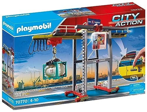 Image of Playmobil City Action 70770 Electric Cargo Crane with Container, Built-in Motor, for Children Ages 4+