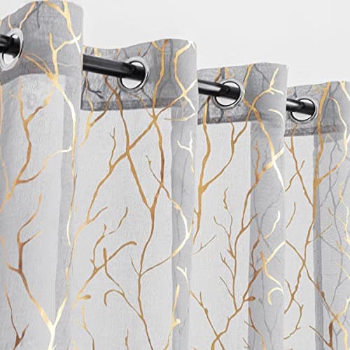 Image of Kotile Tree Branch Sheer Curtains - Metallic Gold Foil Tree Branch Print Grey Sheer Curtains 63 Inch Length for Bedroom, Grommet Top Light Filtering Voile Drapes, 52 x 63 Inch, 2 Panels, Grey Gold