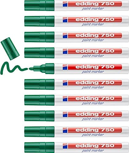 Image of edding 750 paint marker - green - 10 pens - round tip 2-4 mm - paint marker for marking and labelling metal, glass, rocks or plastic - heat-resistant, permanent, smudge-proof and waterproof
