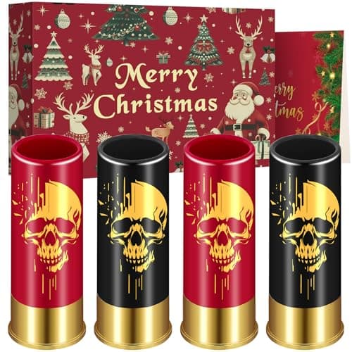 Image of Skull Plastic Shot Glasses, Set of 4 with ChristmasGift Box, Gothic Gifts, Novelty Shot Glasses for Men Women Wedding Party Gifts, 12GA Small Bullet Shot Cups for Whiskey Vodka Liquor, Black+Red