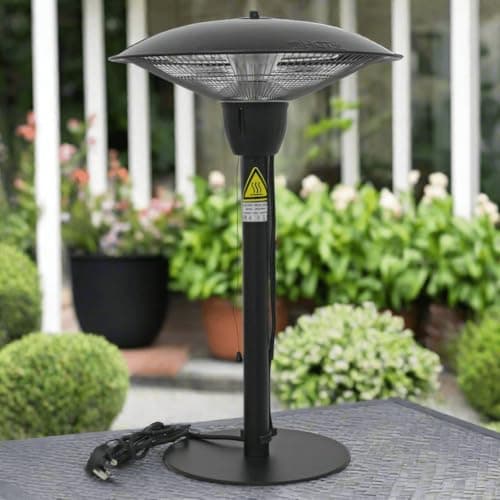 Image of Azuma Tabletop Electric Patio Heater, 1500W Halogen Tube, IP44 Outdoor Rated, Pull Cord On/Off, Tip-Over Auto Shut Off, Black Powder Coated Steel, 66cm Tall, Patio Garden Balcony, Instant Radiant Heat