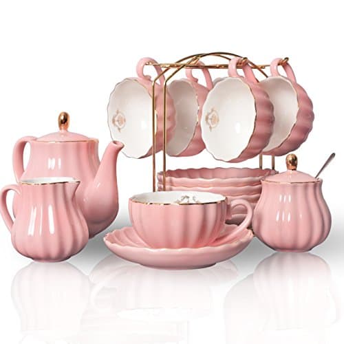 Image of Pukka Home Porcelain Tea Sets British Royal Series, 8 OZ Cups& Saucer Service for 6, with Teapot Sugar Bowl Cream Pitcher Teaspoons and tea strainer for Tea/Coffee, (Pink)