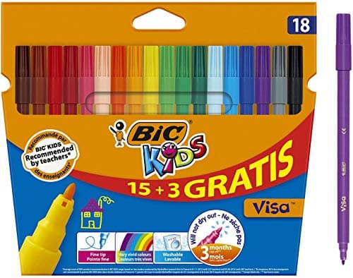 Image of BIC Kids Visa Felt Tip Pens, Fine Tip, Very Vivid Colouring Pens, Washable Markers, Back to School Supplies, 18 Pack